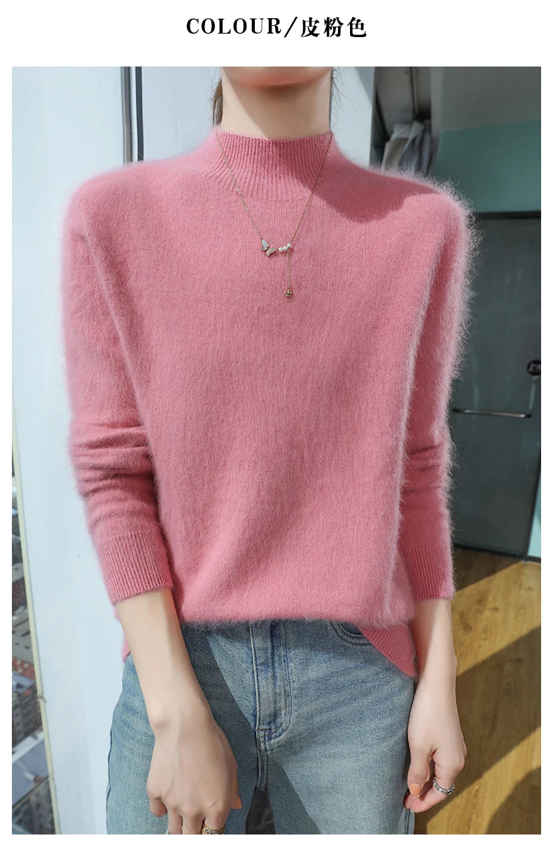 2024 Autumn And Winter New Women's Semi High Neck New Fashion Mink Sweater Long Sleeved Loose Sweater Slimming Knit Sweater Base