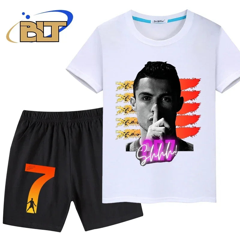 Ronaldo head print summer children's clothing kids T-shirt set pure cotton short-sleeved shorts 2-piece set boys and girls gifts