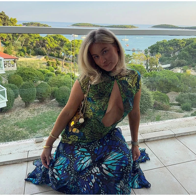 Jungle Butterfly Print Midi Dress Mandarin Collar Cutout Waist High Slit Dress 2026 Summer Festival Night Out Wear Women Vestido