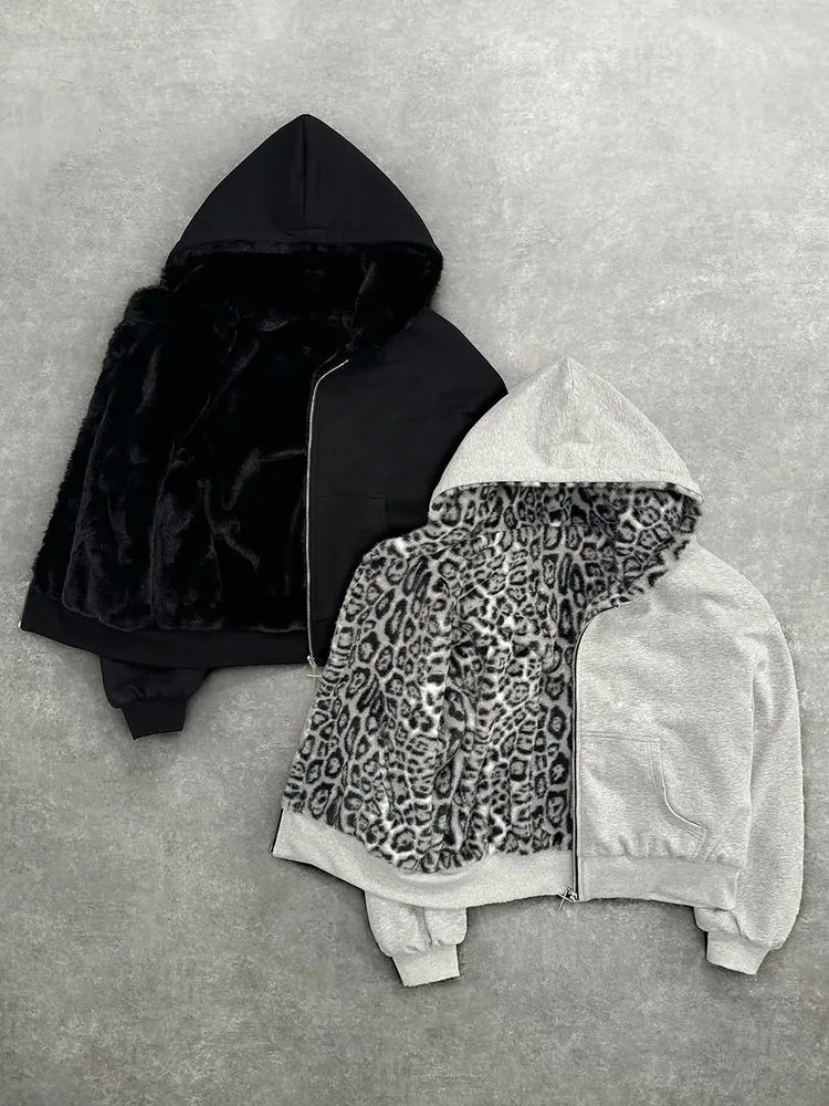 Unisex hoodie hooded sweatshirt with leopard print lining pocket, loose cardigan, zipper sweatshirt, streetwear style