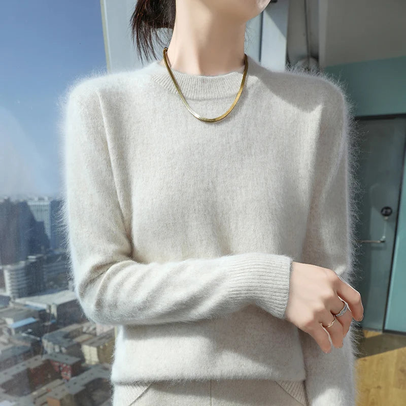 Autumn and winter women's semi high neck pullover sweater solid color knitted slim fit women's 100 mink cashmere sweater new sty