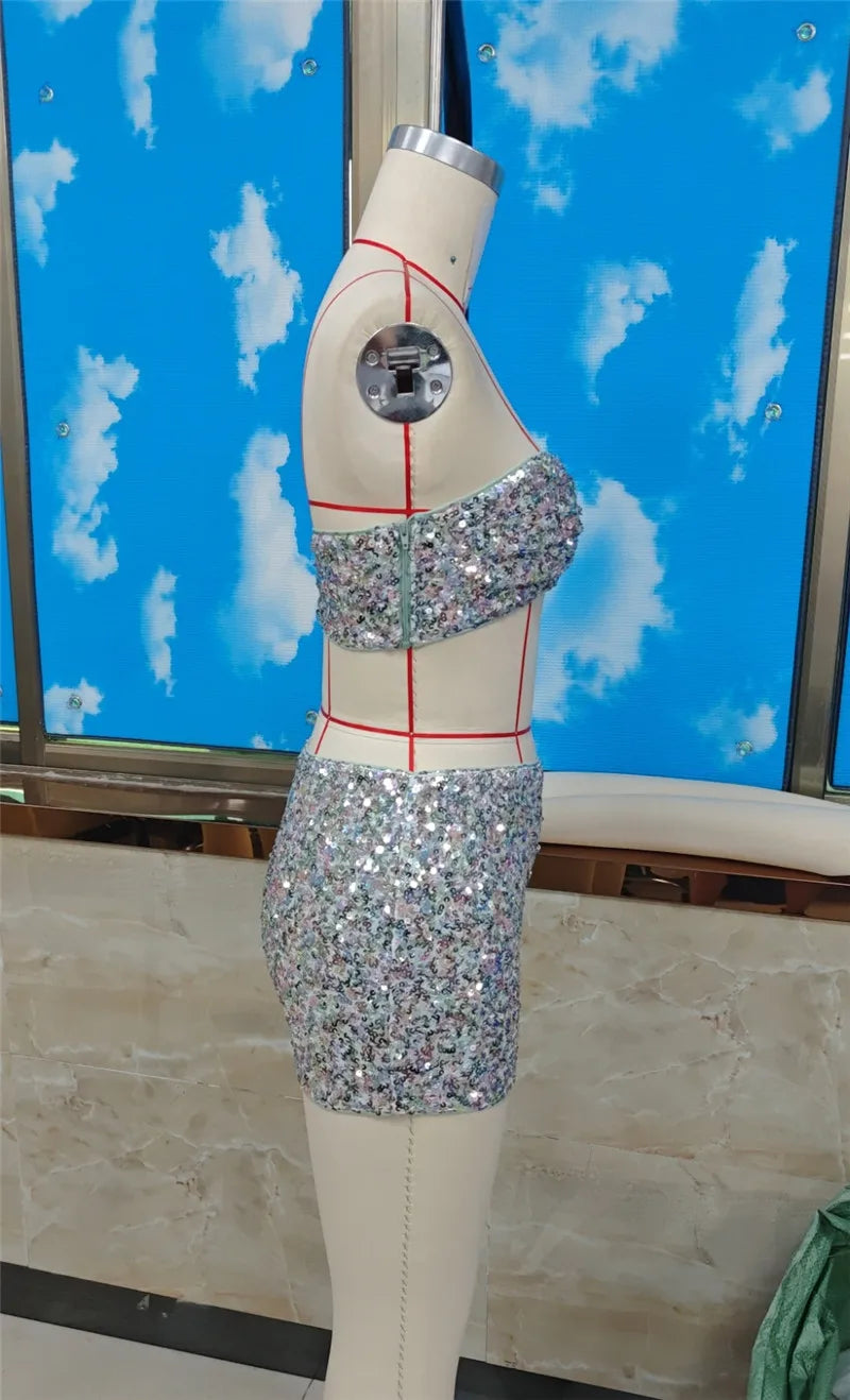 Women Sequin Two Piece Outfit Halter Crop Top And Split Mini Skirt Club Wear