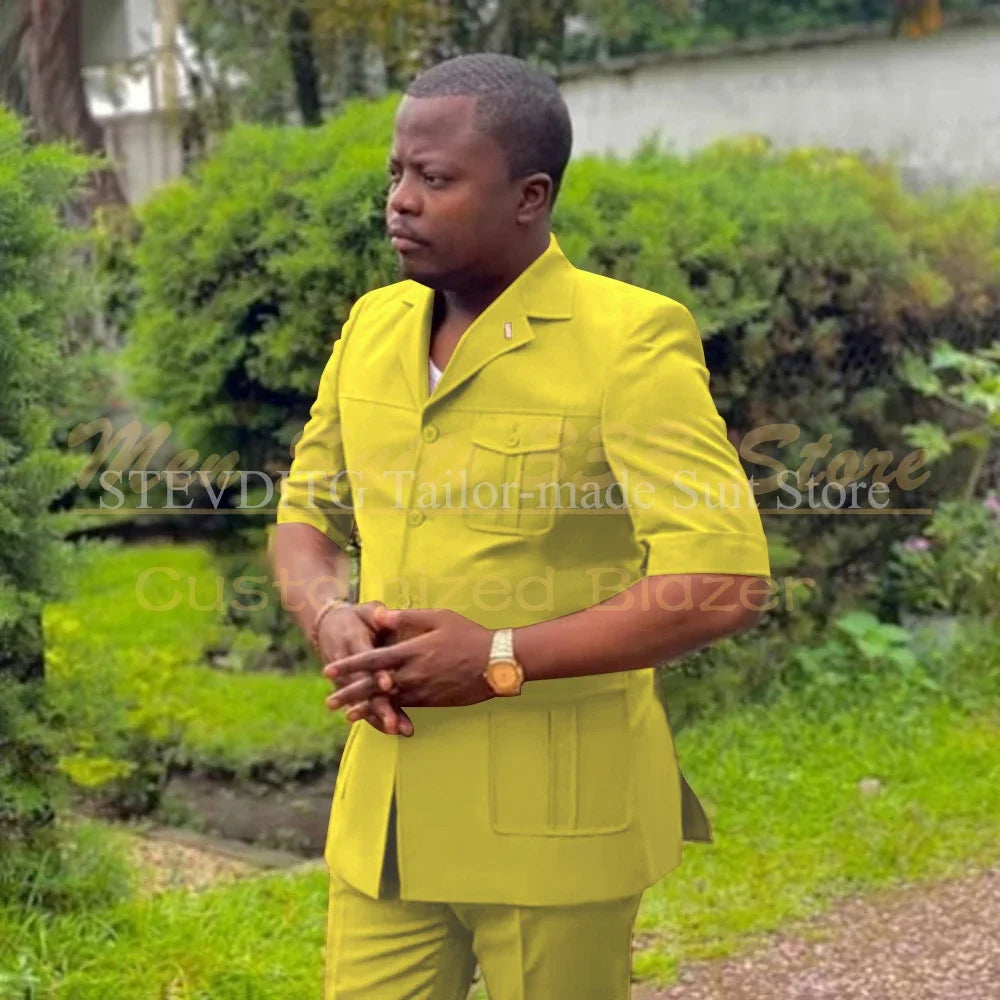 Safari Men Suits with Short Sleeve 2 Pieces Single Breasted Stand Notch Lapel African Fashion Style Set Jacket Pants