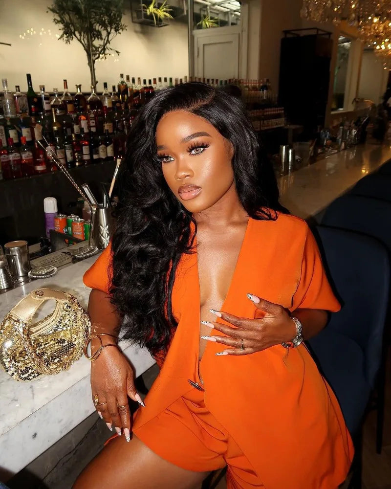 Women's African Style 2 Piece Set Sexy Summer Orange Deep V Neck Blazer & High Waist Shorts Elegant Party Club Outfits
