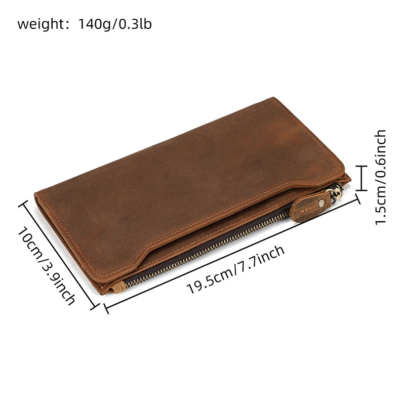 Men's Crazy Horse Leather Long Wallet Brown Real leather Trifold clutch snap purse Hasp purse with Phone pocket and coin pocket