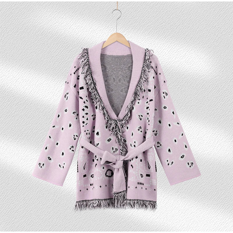 2026 Spring Tassel Knitted Jacquard Women's Cardigans Loose Patchwork V-neck Long Sleeve Thick Warm Sweater Lady New Knitwear