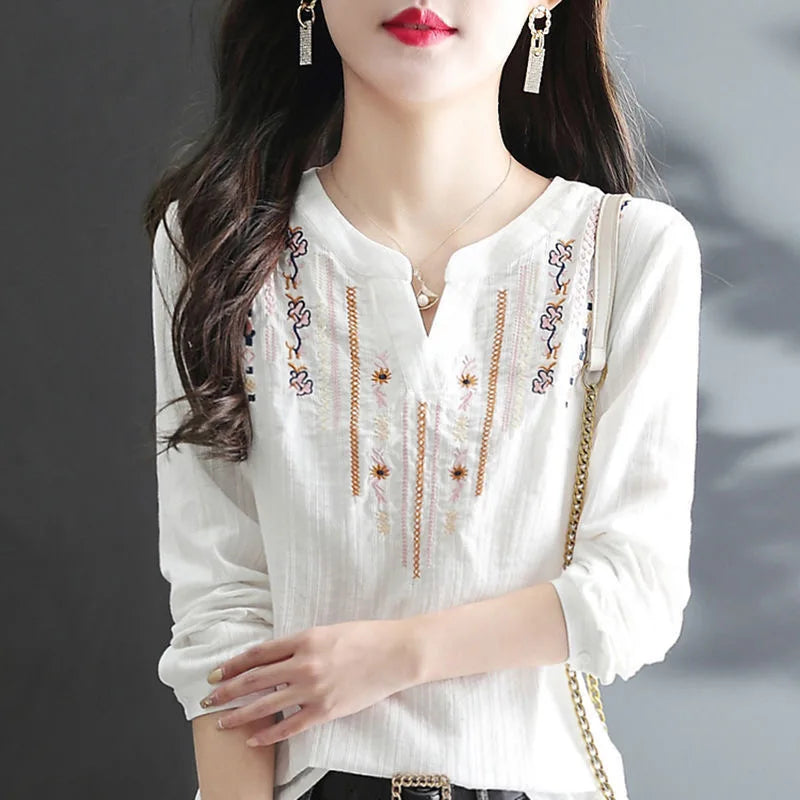 Women Spring Autumn White Blouses Tops Lady Casual Embroidery V-Neck Long Sleeve Vintage Loose Blusas Top DF4272