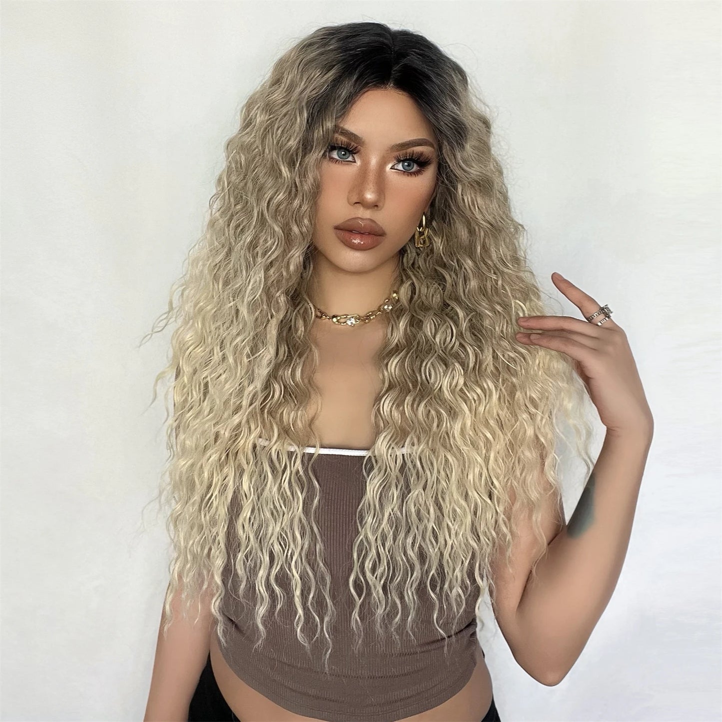 Long Afro Kinky Curly Lace Front Synthetic Wigs Brown Blonde Ombre Wig Dark Root Transparent Deep T Part Lace Wig for Women Use