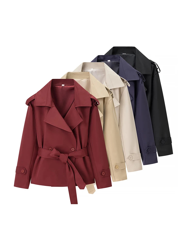 Lace Up Cropped Trench Coat Fashion Women Lapel Long Sleeves Wide Shoulder Windbreaker Jacket Lady 2026 Spring Commuting Outwear