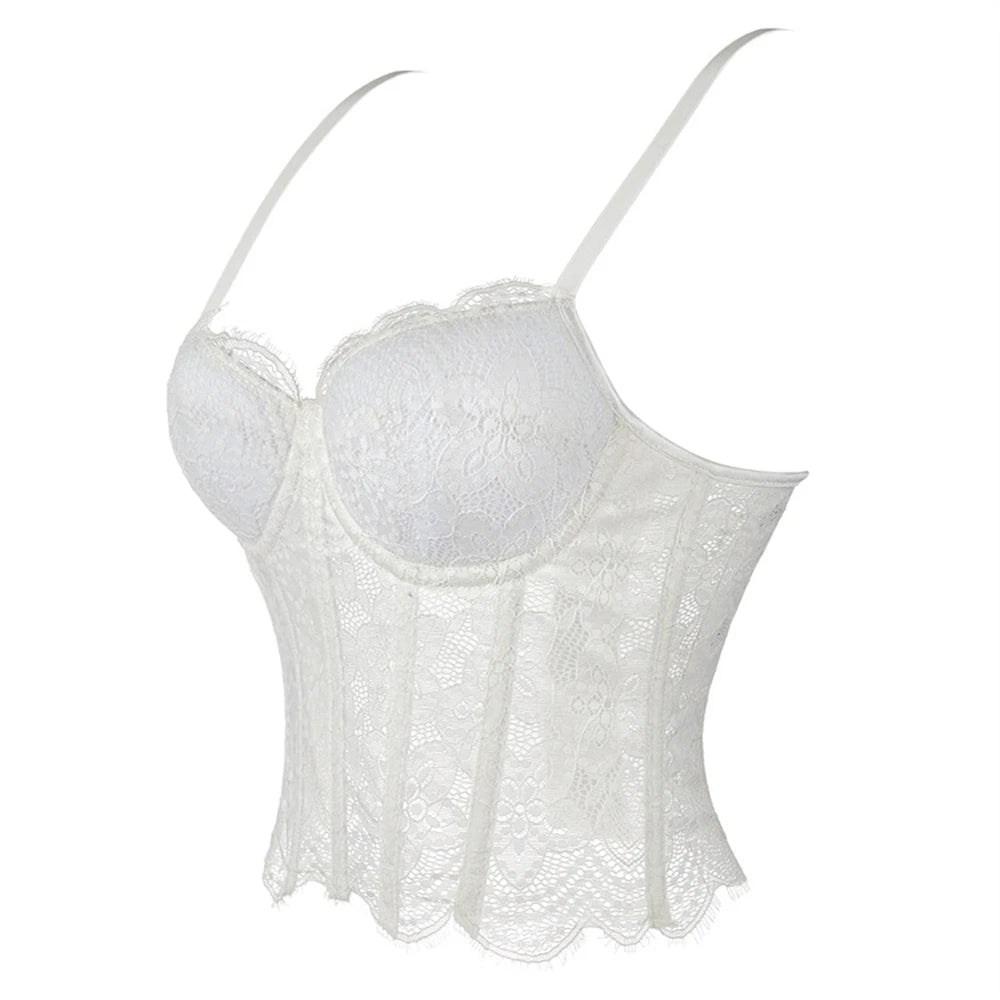 Women Corset Lace Fish Bone Bustier Vest Sexy Mesh Breathable Crop Top White Spaghetti Strap Lace Bra Burlesque Lingerie