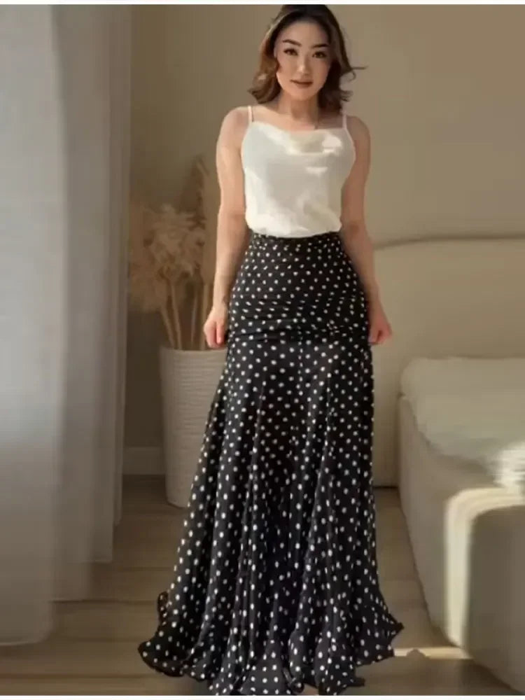 Polka Dot Maxi Skirt High Waist Front Ruched Shirred Detail Flowy Flared Ruffle Hem Mermaid Long Skirt For Beach Vacation
