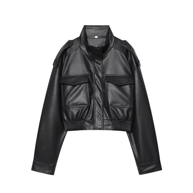 Mujer Faux Leather Cropped Bomber Jacket For Women Zipper Front Coat