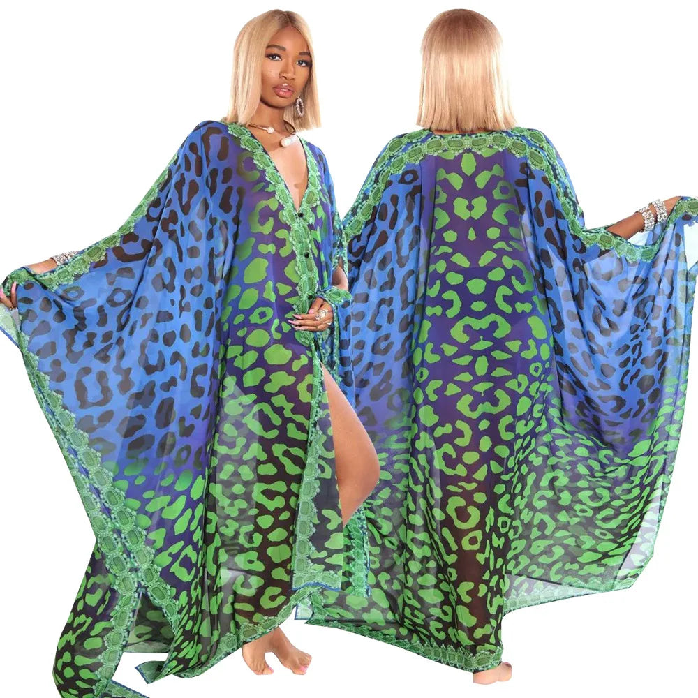 African Dresses for Women See-Through Chiffon Sexy V-neck Bohemian Printing Maxi Dresses Africa Kimono Bikini Holiday Beachwear