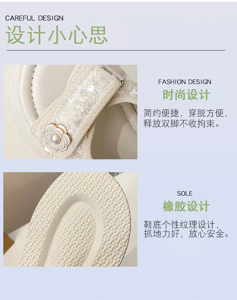 Women's Platform Sandals Handmade Leather Rubber Bottom Flat Sandals Metal Decorative Element Summer Casual Ladies Outdoor Shoes