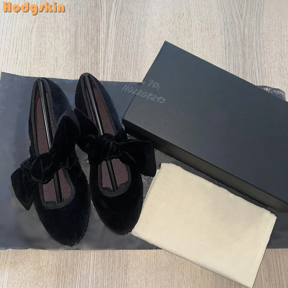 Velvet Bow Flat with Shoes Retro Round Toe Shallow Lace-up Mary Janes Butterfly-knot Daily Shoes Korean Style Design 2025 Women