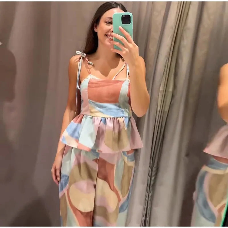 Pastel Print Cami Top Wide Leg Pants Set Ruffle Hem Sleeveless 2026 Summer Vacation Women Co-ord Set Chic Causal Lady Outfit