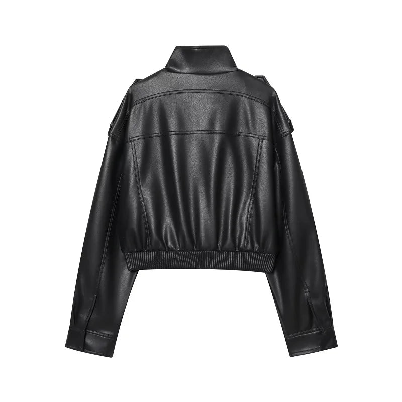 Mujer Faux Leather Cropped Bomber Jacket For Women Zipper Front Coat