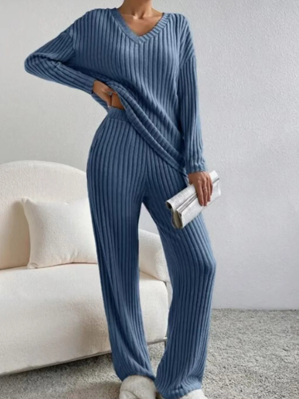 Fashionable Knitted Two-Piece Set Casual V-Neck Long Pants Autumn Winter New Style Loose Fit Korean Style Comfortable Polyester