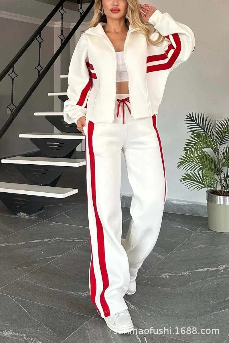 Y2K Striped Zipper Coat+sweatpants Two Piece Set Women Casual Batwing Sleeve Sports Jacket Outfits Autumn Winter Sweatshirt Suit