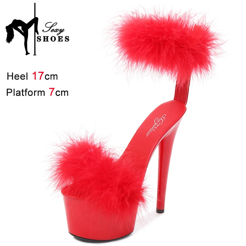 17CM Fur Womens Party Shoes Fashion 2023 Summer Sexy Exquisite Open Toe Ladies Shoes Female Stiletto Super High Heel Sandals