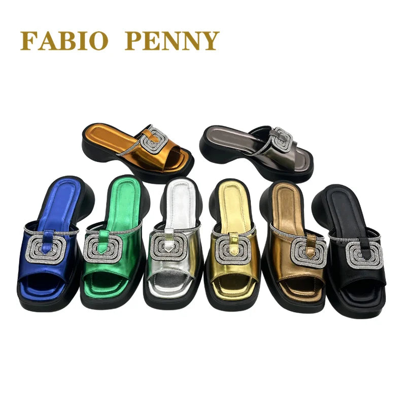 FABIO PENNY2026 new solid-color exquisite water diamond design thick-soled women's fashionable slippers and party sandals