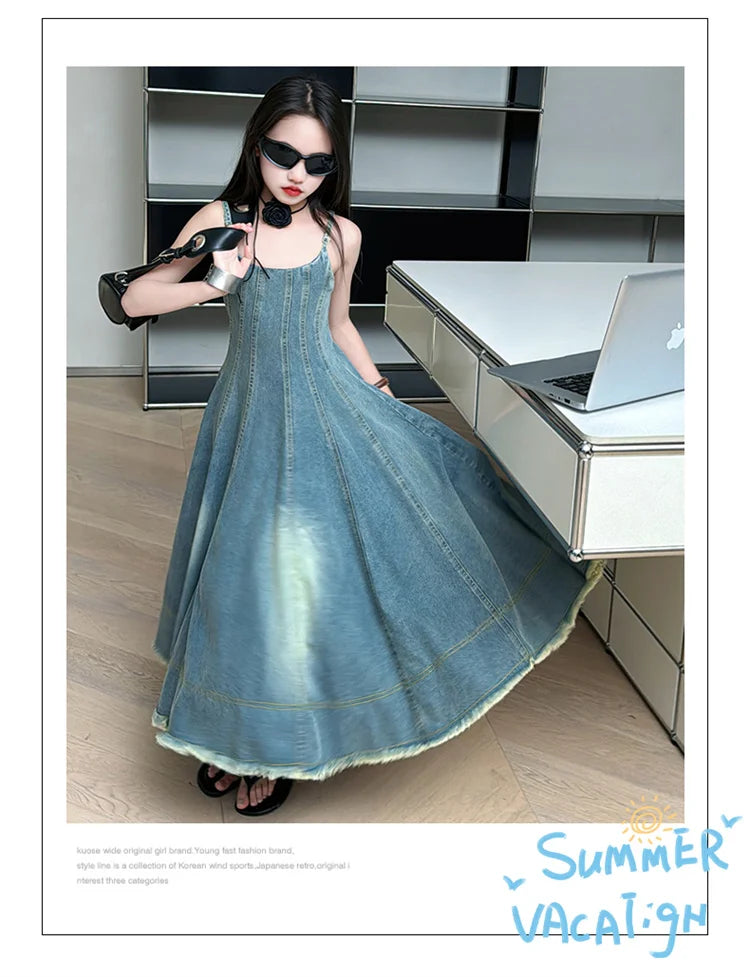 Kids Luxury Clothing Summer Denim Dress with Straps for Teenage Girls High Fashion Streetwear Outfit Children Casual Jeans Dress