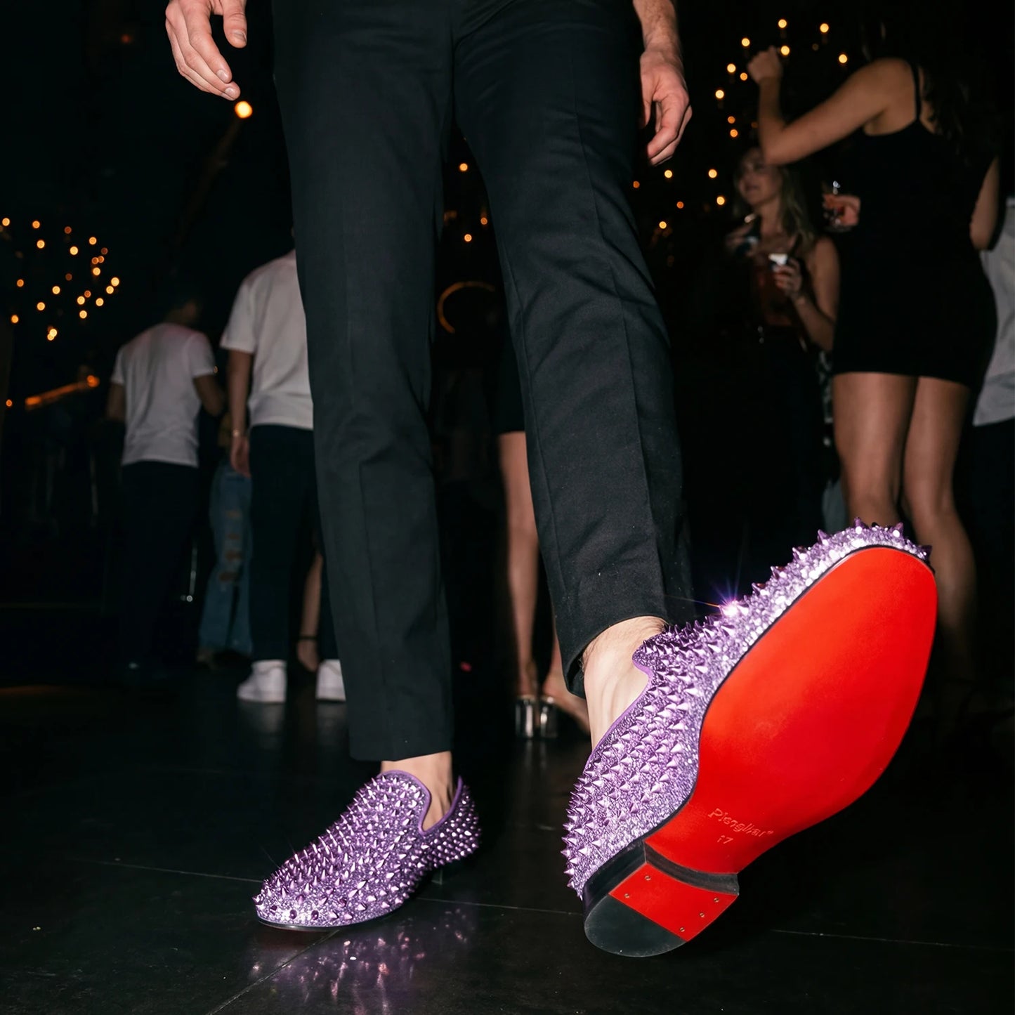 Piergitar Handmade Purple Spikes Men's Loafers For Party and Banquet Wear CL Same Classic Model Red Outsole Slip-On Flats