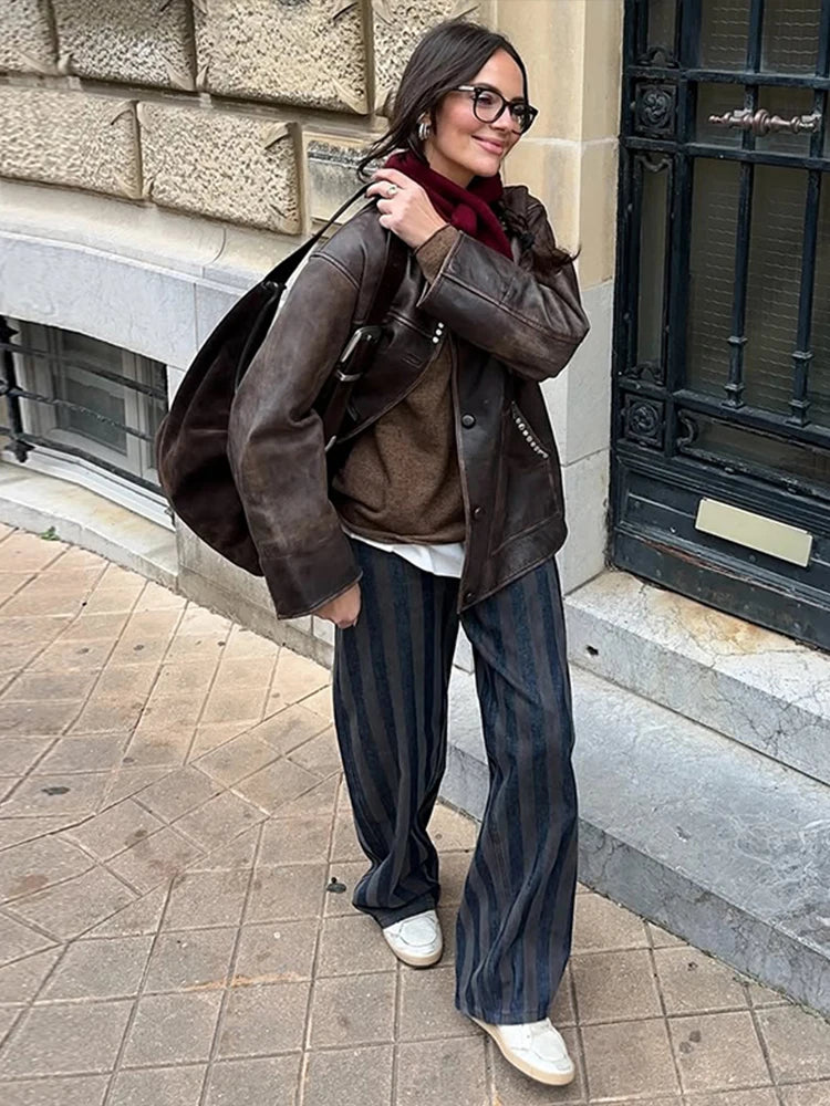 Women Stripe Pants Barrel Leg Pant High-Waist Trousers Loose Fit Woman Clothes Casual Bottom Daily Outfit Lady Clothing Outwear