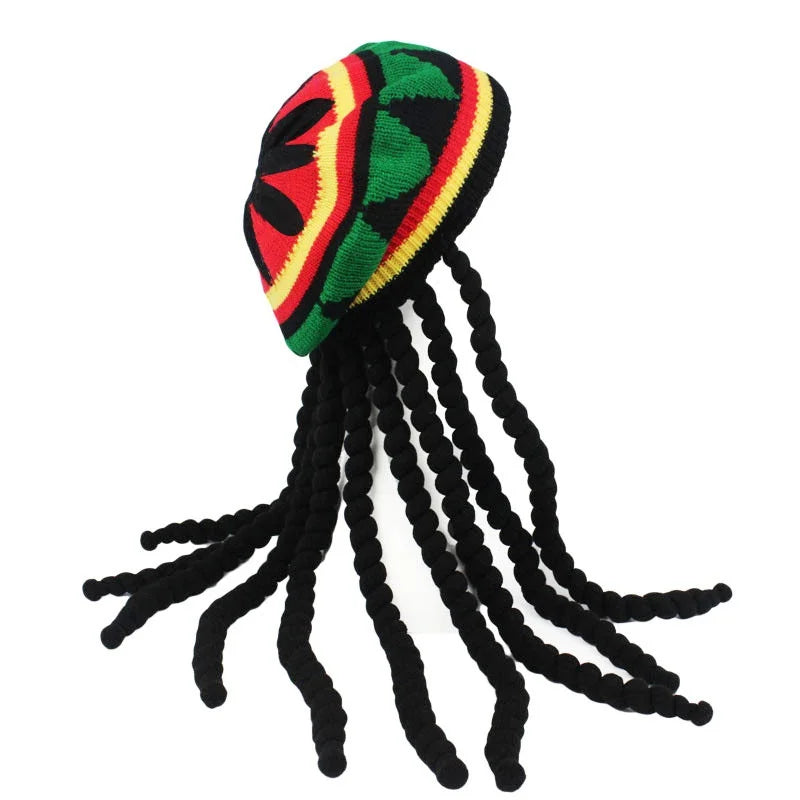 Unisex Synthetic Wig Knit Braid Hat Jamaican Bob Rasta Beanie Cap Dreadlocks Wig Bob Marley Caribbean Hip Hop Cosplay Headwear