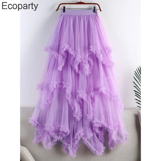 Tutu Tulle Long Skirt for Women 2023 New Summer Korean Aesthetic Cute Irregular Mesh High Waist Maxi Skirt Female Purple