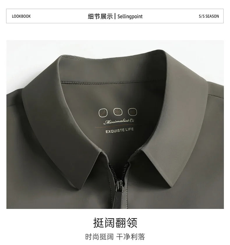 2026 New Men's Spring Lapel Zip-Up Jacket Spandex Fabric Casual Business Outerwear Windproof Anti-Wrinkle Coat