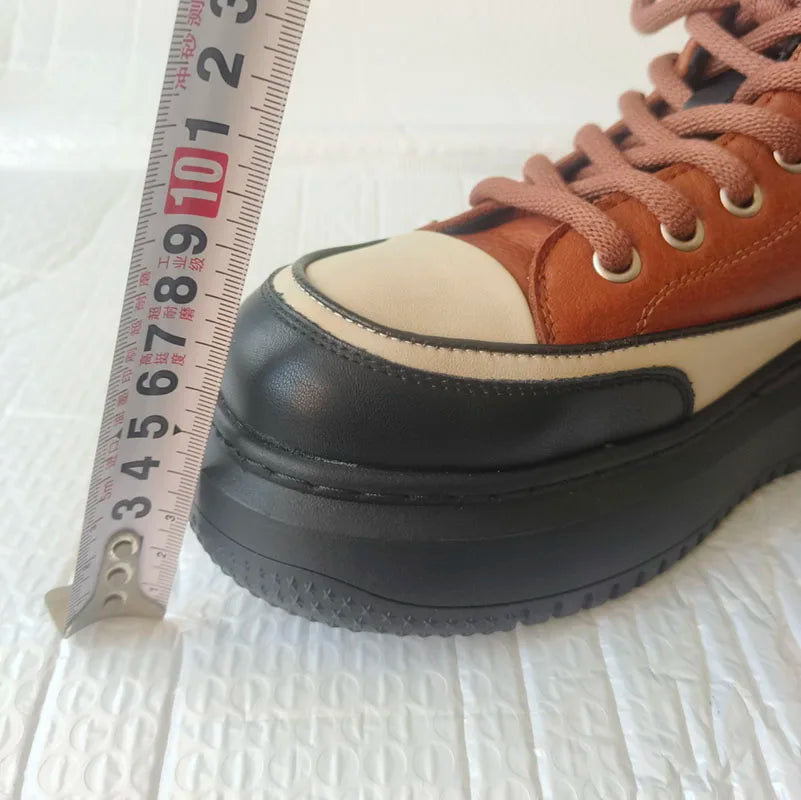 Myjyjz 4.5cm Cow Genuine Leather Women Spring Platform Wedge Flats Chunky Sneakers Lace Up Autumn Loafer Vulcanize Shoes Rubber