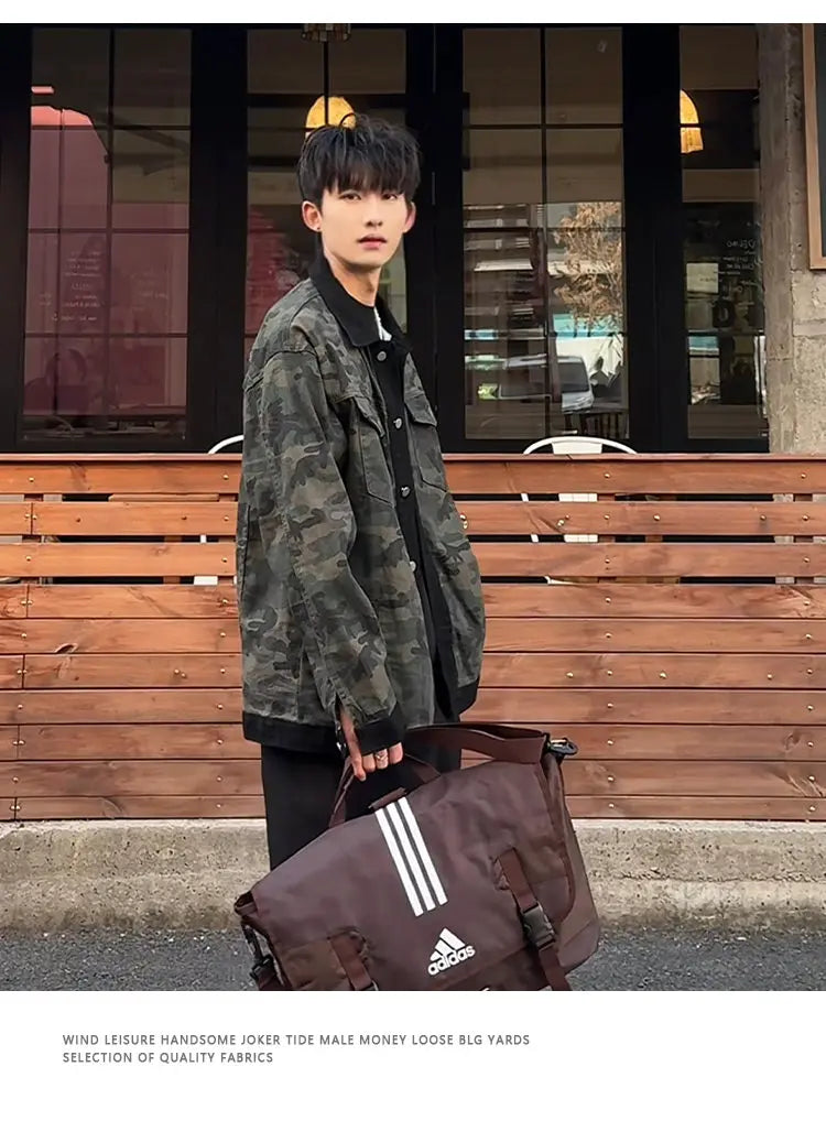 Men's Camouflage Denim Jacket Autumn Washed Turn down Collar Single-Breasted Long Sleeve Loose Fit Vintage Workwear Street Style