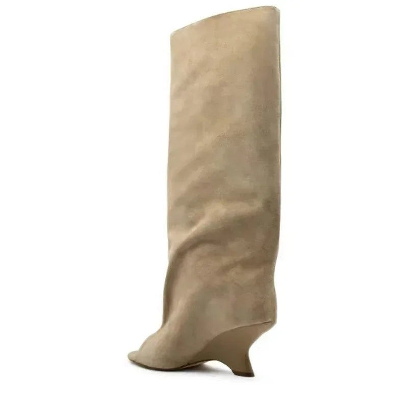 2025 European AndAmerican Nichedesign Versatileopen Toe Long Tube Cool Boots for Women, Crocodile Patterned Irregular High Heels