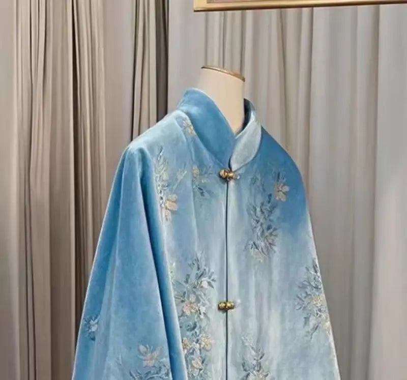 Winter Coat New Chinese Style Standing Collar Tang Suit Blue Embroidered Velvet Jacket Women Clothing Loose Short Coat Women Top