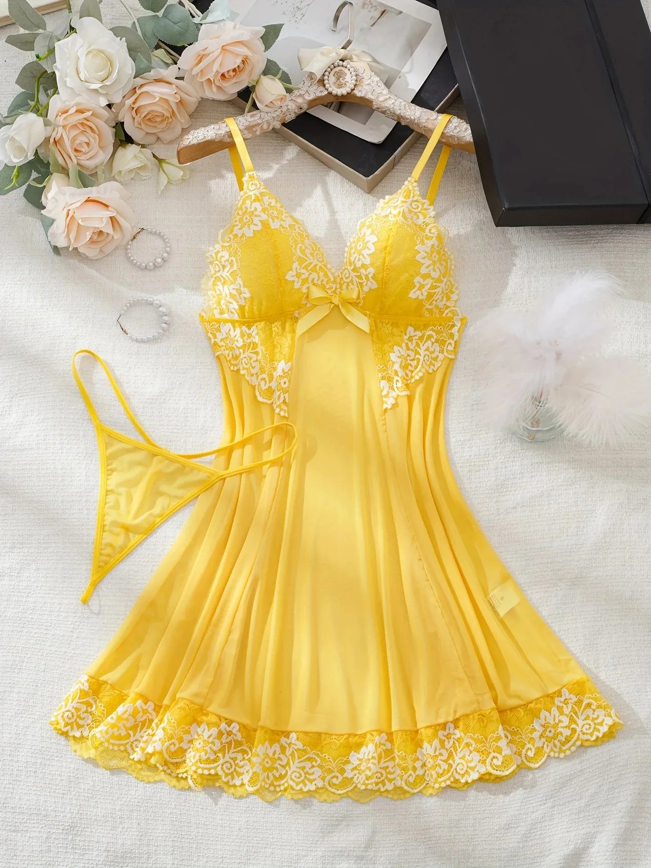 2 Piece Transparent Set Lace Bra Slim Nightgown Set With Thong Erotic Lingerie Pajamas Plus Size Porno Night Dress Sexy Babydoll