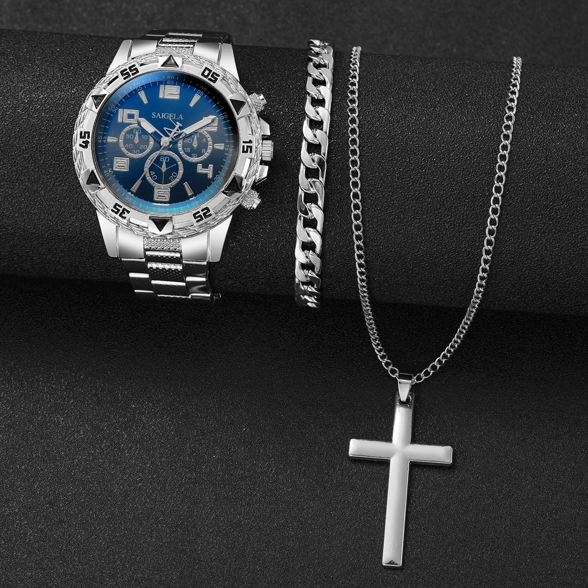 3PCS/Set Fashion Men's Quartz Watch Luxury Large Dial Men Business Watches Necklace Bracelet Set Reloj Hombre（Without Box）