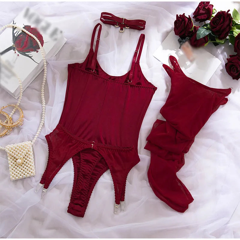 Sexy Bodysuit Set Tight Fitting Hot Girl Jumpsuit Highlight Body Shape Temptation Four Piece Set With Stockings Ballroom Attire