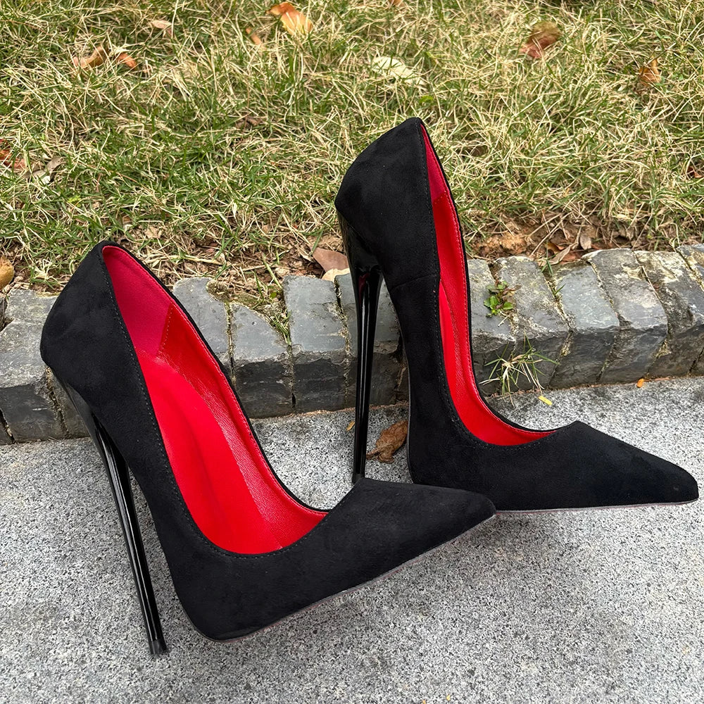 2026 Newly Black 16cm Ultra High Heels SEXY Suede Woman Pumps Slip on Pointed toe Flock Photograph T-stage Show Unisex Shoes