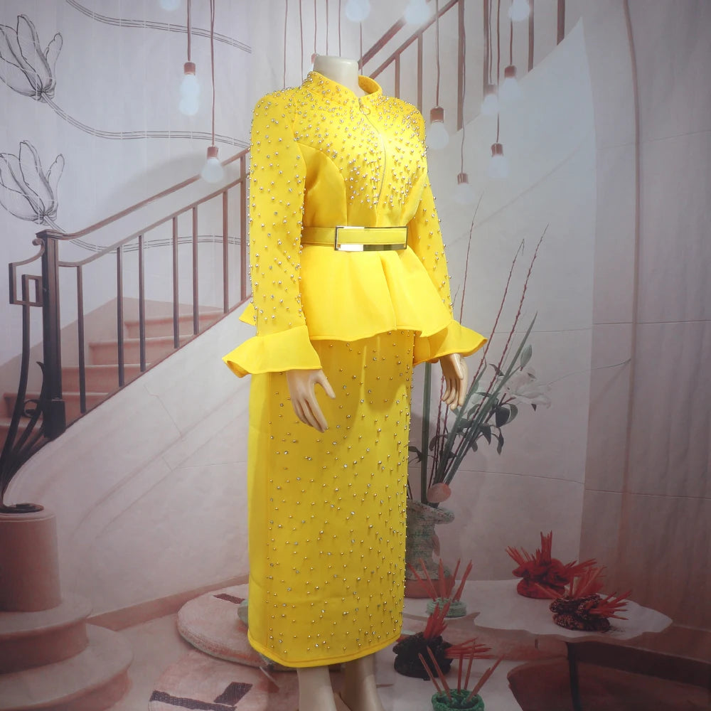 Fashion Suit African Dresses for Woman Rhinestone Turkey Dresses for Women Luxury High Quality Mesh Fabric African Beaded Dress