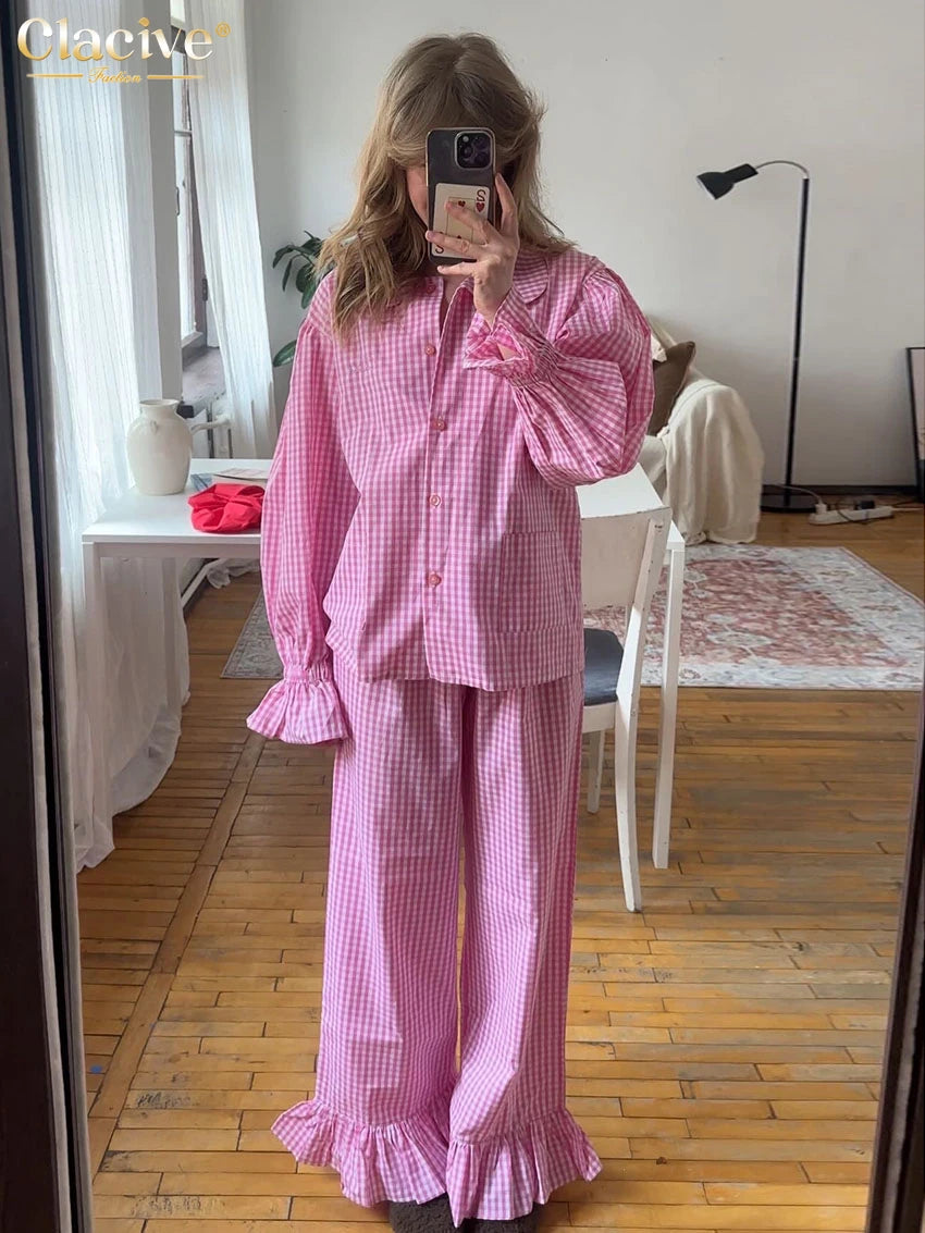 Clacive Fashion Loose Plaid Cotton Women's 3 Pieces Set 2025 Elegant Long Sleeve Shirt With High Wiast Wide Pants Set Female