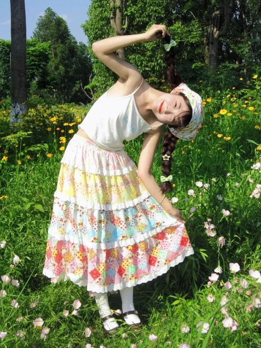 Floral Skirt Women's Colorful Print Patchwork 2025 New Sweet High-Waist Midi Skirt Slim Fit Casual Fernch Fashion Spring Summer