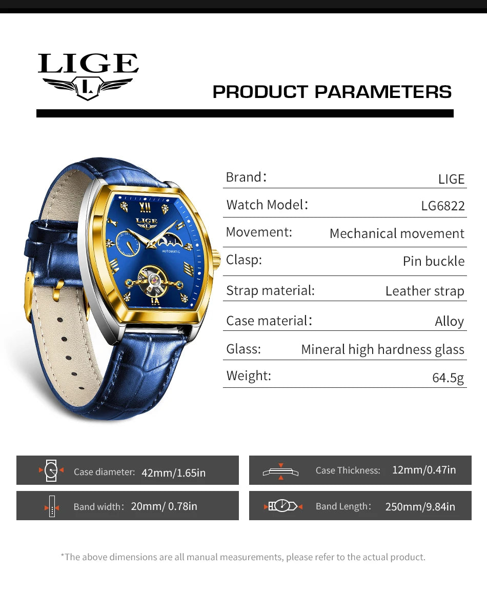 LIGE Luxury Mens Rectangular Dial Mechanical Watches Waterproof Leather Automatic Luminous Watch Business Men relogios masculino