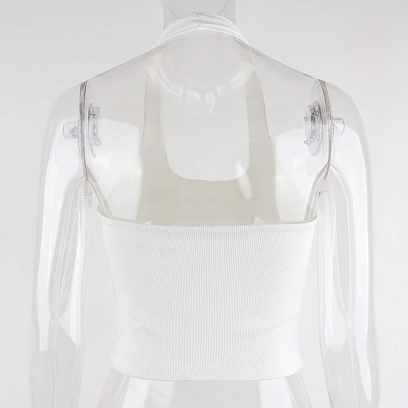 White Halter Sexy Backless Tank Tops for Women Streetwear 2023 Sleeveless Ribbed Knit Vest Top Cropped Feminino