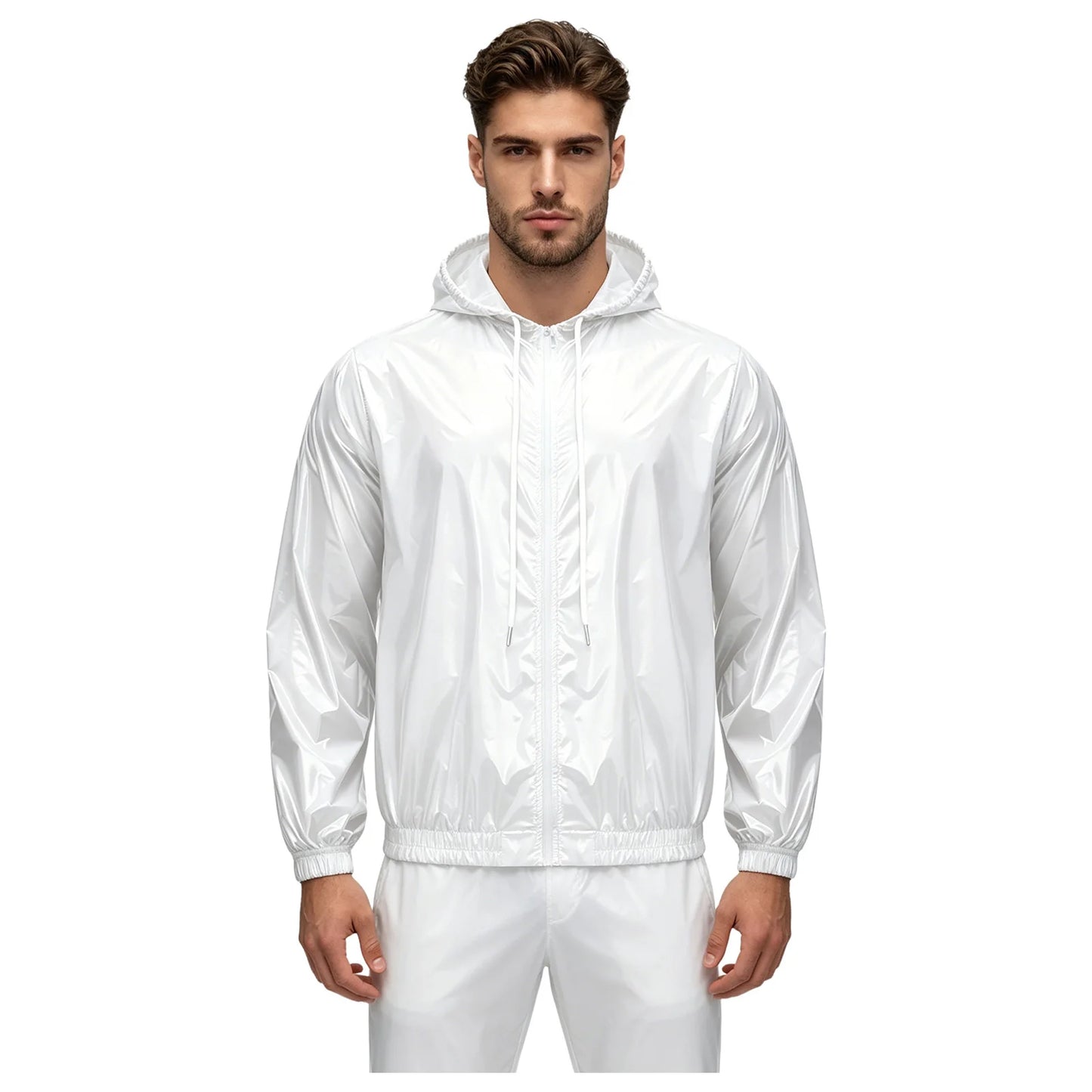 Men Shiny Glossy Hooded Jacket Windbreaker Raincoat for Hiking Fishing Biking Long Sleeve Front Zip-up Drawstring Hood Outerwear