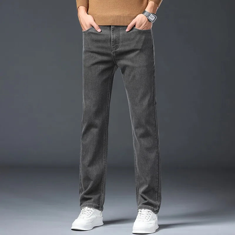 Gray Jeans Men's Fashion Spring Autumn Casual Elastic Trousers Classic Straight Business Work Vintage Washed Denim Pants