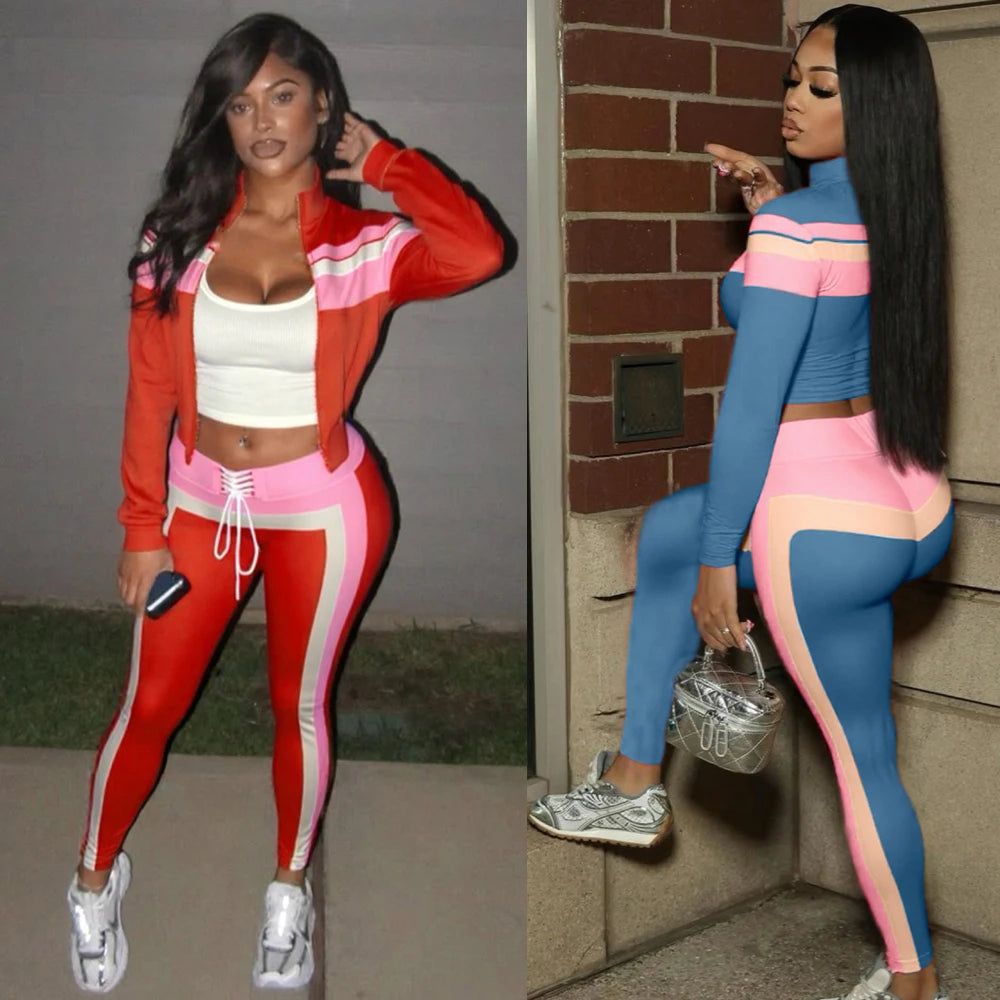 Fashion Women Tracksuit Streetwear 2piece Set Color Block Long Sleeve Zipper Jacket and Pants Sporty Fitness Gym Two Piece Sets