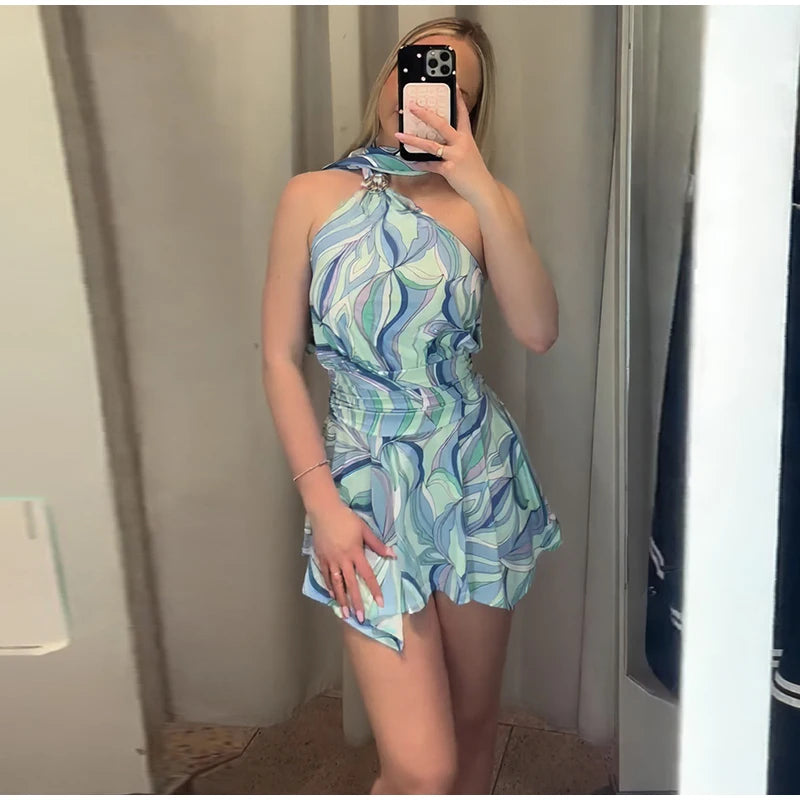 Swirl Print Women's Mini Dress Sexy Halter Neck Sleeveless Backless Ruffles Dresses Female 2026 Summer Fashion Beach Vestidos