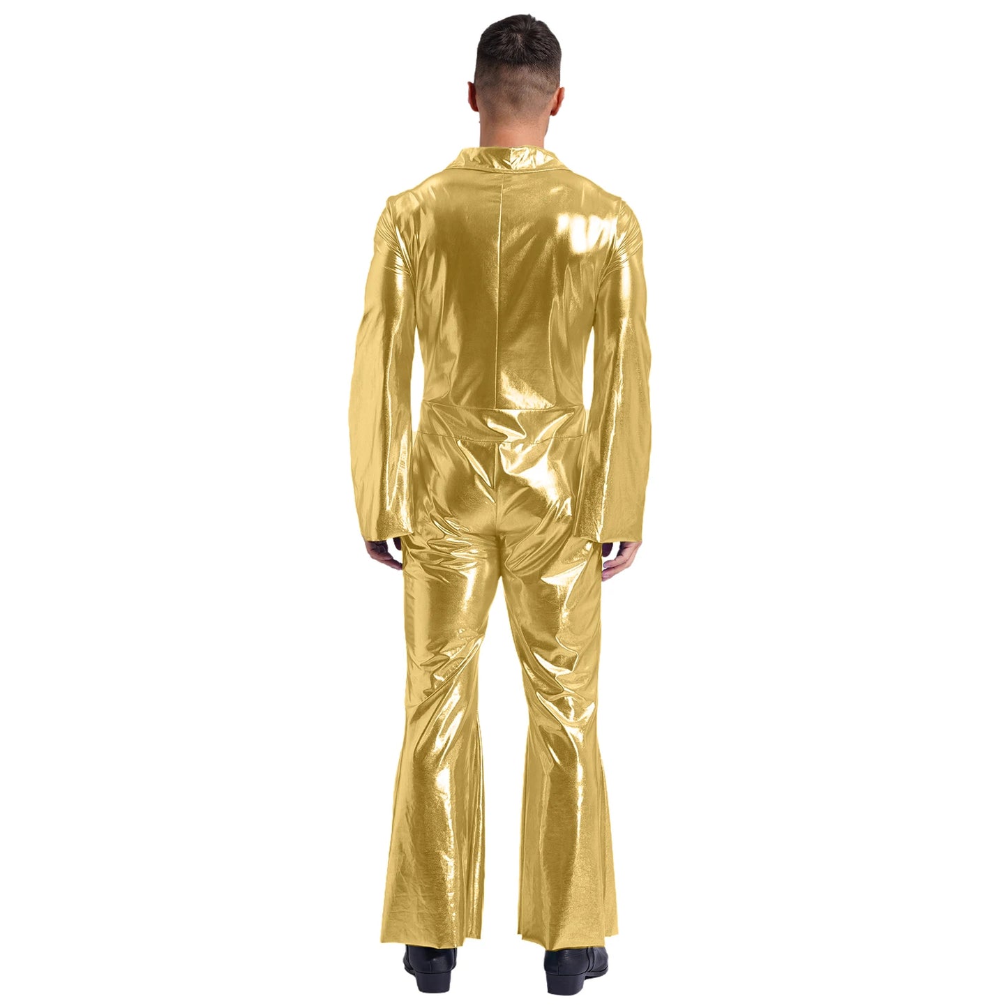 Mens 70s Disco Hippies Jazz Dance Performance Costume Metallic Shiny Unitards Jumpsuit Wide Leg Pants Rompers Vintage Clubwear