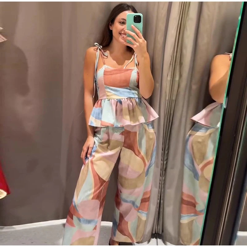 Pastel Print Cami Top Wide Leg Pants Set Ruffle Hem Sleeveless 2026 Summer Vacation Women Co-ord Set Chic Causal Lady Outfit
